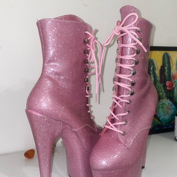 Pleaser Pink Glitter Lace-Up Platform Ankle Boots - Picture 3 of 6